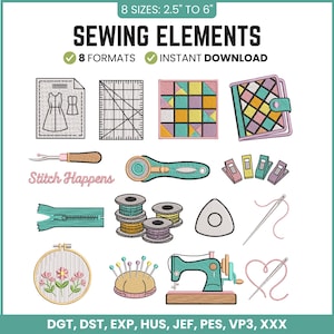 May include: A digital embroidery design set titled SEWING ELEMENTS featuring 8 sizes from 6.35 cm to 15.24 cm. Icons include a dress pattern, ruler, quilt block, binder, seam ripper, rotary cutter, clips, zipper, thread spools, chalk, needle, hoop, pins, and machine.