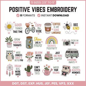 Può includere: Una collezione di ricami digitali intitolata POSITIVE VIBES EMBROIDERY, che presenta 16 motivi individuali tra cui una margherita, una bicicletta, una tazza di caffè, un'ape, una pianta, un barattolo, un arcobaleno, una fotocamera, un gufo e fiori.