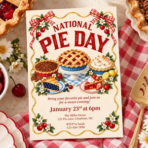 Uitnodiging voor Nationale Taartdag | Taartpotluck uitnodiging | Feest op 23 januari | Bewerkbaar via Canva
