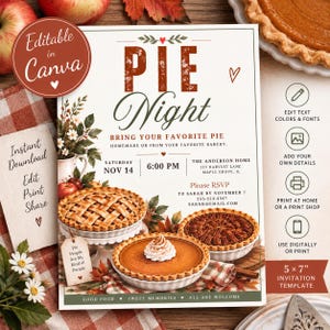 May include: A rectangular invitation template for a Pie Night event featuring the text Pie Night, Bring Your Favorite Pie, and event details. The design includes illustrations of three pies, autumn leaves, and flowers, with a 5 x 7 inch size label.
