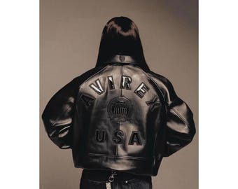 Blouson aviateur emblématique en cuir noir Avirex USA : cadeau streetwear en peau de vache véritable
