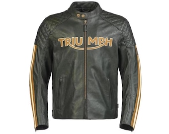 Triumph Braddan Leather Motorcycle Jacket: Cafe Racer Biker Style, Racing Stripes, Diamond Quilting