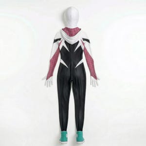 May include: A black, white, and red hooded jumpsuit with a spider-themed design. The costume features a white hood, red and white sleeves, and black legs. The outfit is completed with teal sneakers.