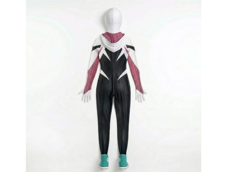 May include: A black, white, and red hooded jumpsuit with a spider-themed design. The costume features a white hood, red and white sleeves, and black legs. The outfit is completed with teal sneakers.