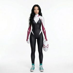 May include: A black and white bodysuit with a spider-themed design, featuring a white hood and red and white patterned sleeves. The outfit is paired with white gloves, a matching mask, and teal high-top sneakers.