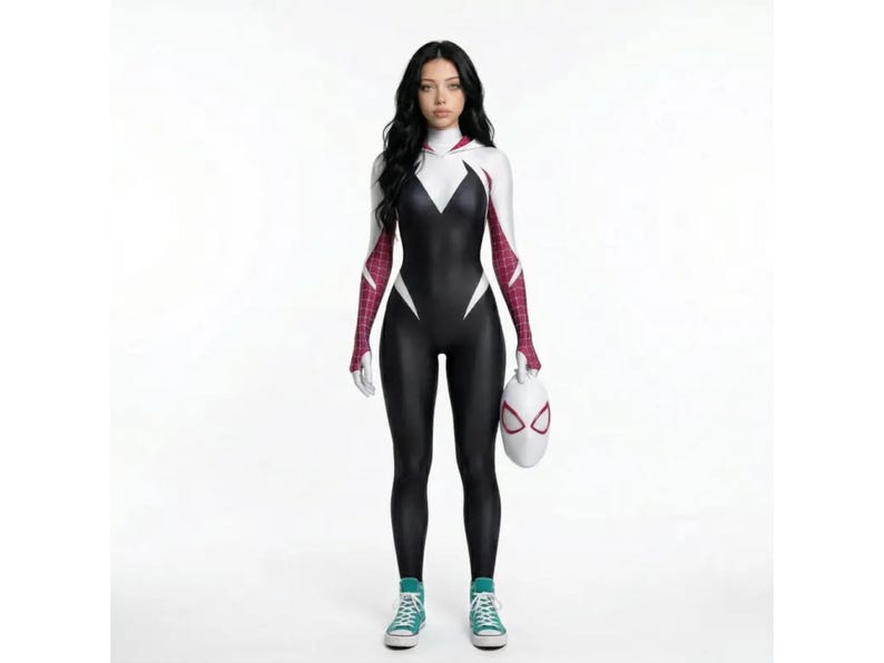 May include: A black and white bodysuit with a spider-themed design, featuring a white hood and red and white patterned sleeves. The outfit is paired with white gloves, a matching mask, and teal high-top sneakers.