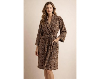 Leopard Velour Robe, Women's Luxury Animal Print Spa Loungewear
