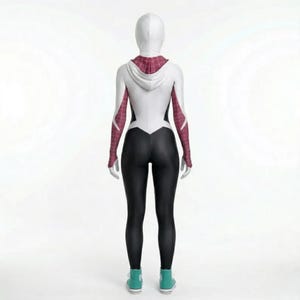 May include: A white and black bodysuit with a hood and long sleeves. The sleeves have a red and white pattern. The bodysuit has black leggings and teal high-top sneakers. The figure is standing against a white background.