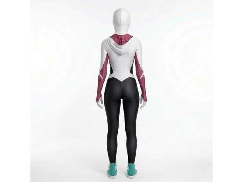 May include: A white and black bodysuit with a hood and long sleeves. The sleeves have a red and white pattern. The bodysuit has black leggings and teal high-top sneakers. The figure is standing against a white background.