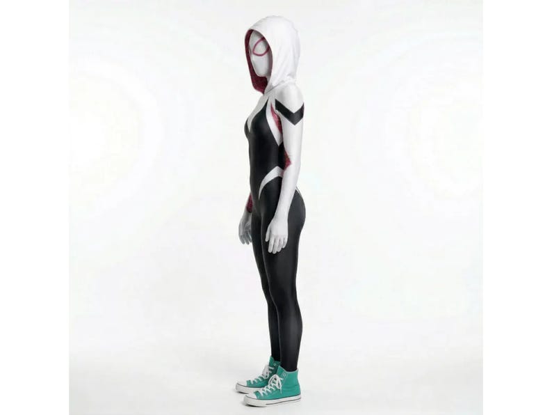 May include: A black and white superhero costume with a hooded cowl, featuring red accents and a spider-web design. The costume includes a full-body suit and teal sneakers. The overall design is sleek and form-fitting.