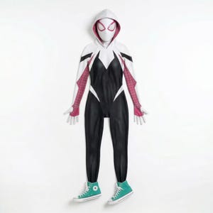 May include: A full-body costume featuring a black and white design with pink accents. The costume includes a hooded top with a mask, gloves, and matching black pants. The outfit is completed with teal high-top sneakers.