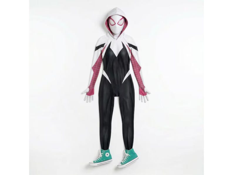 May include: A full-body costume featuring a black and white design with pink accents. The costume includes a hooded top with a mask, gloves, and matching black pants. The outfit is completed with teal high-top sneakers.