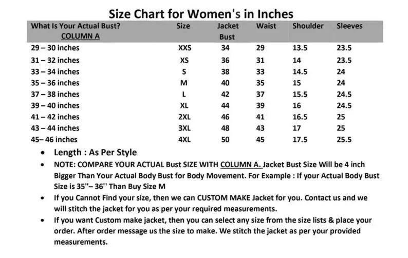 May include: A size chart for women's jackets, listing bust, waist, shoulder, and sleeve measurements in inches. The chart includes sizes from XXS to 4XL, with bust sizes ranging from 29 to 46 inches. Includes notes on how to measure and custom jacket options.