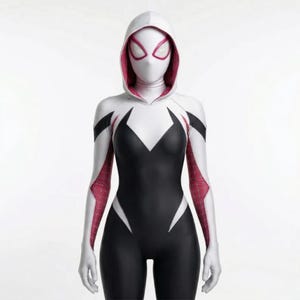 May include: A full-body costume in black, white, and red, featuring a hooded mask with eye cutouts. The suit has a black torso, white arms and legs, and red accents. The costume is designed to resemble a superhero.