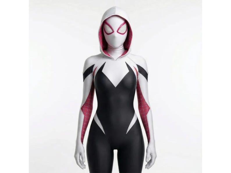 May include: A full-body costume in black, white, and red, featuring a hooded mask with eye cutouts. The suit has a black torso, white arms and legs, and red accents. The costume is designed to resemble a superhero.