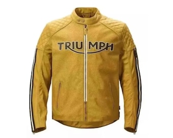 Triumph Braddan Leather Motorcycle Jacket: Cafe Racer Biker Style, Racing Stripes, Diamond Quilting