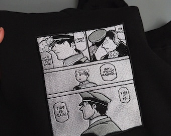 マンガパネル刺繍入りパーカー – ブラック オーバーサイズ アニメスタイル ストリートウェア