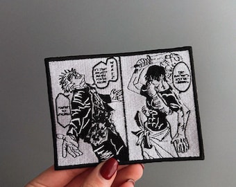 マンガパネル刺繍ワッペン – 12cmアイロン接着ワッペン、黒白アニメバッジ