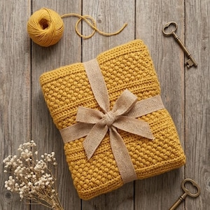 Puede incluir: Manta de ganchillo de color amarillo mostaza atada con una cinta y lazo de arpillera. Una madeja de lana amarilla, dos llaves antiguas y un pequeño ramo de flores secas están dispuestos sobre una superficie de madera rústica.