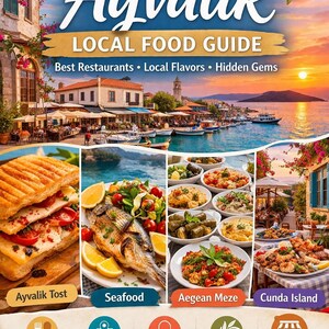 May include: A travel guide cover titled "What to Eat in Ayvalik" with a scenic harbor view and food photos. The guide highlights local restaurants, flavors, and hidden gems. Includes images of Ayvalik Tost, seafood, Aegean Meze, and Cunda Island.
