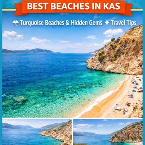 Può includere: Una guida turistica intitolata "KAS" con il testo "Best Beaches in Kas". L'immagine presenta un collage di spiagge turchesi, gemme nascoste e consigli di viaggio. Lo striscione in basso recita "Explore Kas' Coastal Paradise (PDF Download)."