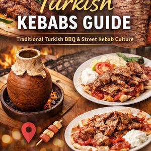 May include: A colourful image promoting Turkish kebabs. The image displays various kebab dishes, including grilled meats, shawarma, and plates of food with sauces and sides. The text "Turkish Kebabs Guide" is visible, along with the tagline "Traditional Turkish BBQ & Street Kebab Culture."
