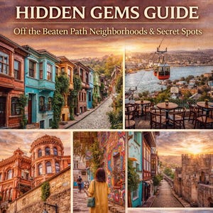 Puede incluir: Una guía de viaje titulada "Istanbul Hidden Gems Guide" con imágenes de edificios coloridos, un teleférico y paisajes urbanos. La guía incluye el texto "Off the Beaten Path Neighborhoods & Secret Spots" y "Includes Google Maps Locations" de Ali Kaya.