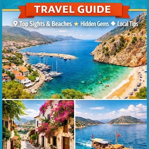 Può includere: Una copertina di guida turistica con il titolo "KAS TRAVEL GUIDE" in lettere bianche su sfondo blu. La copertina presenta foto panoramiche della Riviera turca, tra cui spiagge, barche e città costiere. Il testo include "Top Sights & Beaches" e "Explore the Best of the Turkish Riviera."