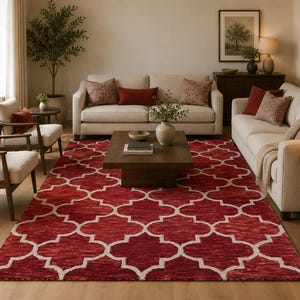 Hand Tufted Red Moroccan Trellis Area Rug, Modern Geometric Living Room Carpet, Handmade Wool Rug, Luxury Bedroom Rug, loop   carpet.