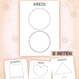 Könnte beinhalten: Lehrreiches Arbeitsblatt zum Formen lernen. Das Bild zeigt ein Arbeitsblatt mit dem deutschen Text "FORMEN LERNEN" oben. Es zeigt Formen wie Kreise, Quadrate, Herzen und Dreiecke zum Nachzeichnen und Ausmalen. Der Text "5 SEITEN" ist ebenfalls sichtbar.