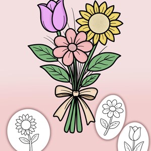 Könnte beinhalten: Eine Blumenillustration vor rosa Hintergrund. Der Strauß enthält eine lila Tulpe, eine gelbe Sonnenblume und eine rosa Blume, gebunden mit einem beigen Band. Der Text "FLOWER COLORING PAGES 4 PAGES" steht oben, mit drei Blumenumrissen darunter.