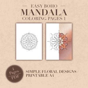 Könnte beinhalten: Zwei druckbare Mandala-Malvorlagen. Eine Seite zeigt ein schwarz-weißes Blumendesign, die andere ein Blumendesign mit orangefarbenen und weißen Akzenten. Der Text lautet "EASY BOHO MANDALA COLORING PAGES 1" und "SIMPLE FLORAL DESIGNS / PRINTABLE A4".