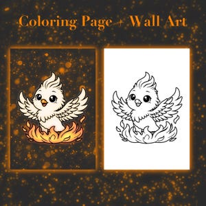 Könnte beinhalten: Das Bild zeigt zwei Illustrationen eines Cartoon-Phönix. Eine ist farbig mit Weiß-, Orange- und Gelbtönen, die andere ist eine Schwarz-Weiß-Strichzeichnung. Der Text "Coloring Page + Wall Art" steht oben.