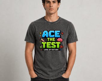 Camiseta "Ace The Test Pixel Gamer Style Level Up Test Day Motivation", regalo para estudiantes gamers que buscan superar sus exámenes, camiseta retro con estampado de videojuegos para la escuela.