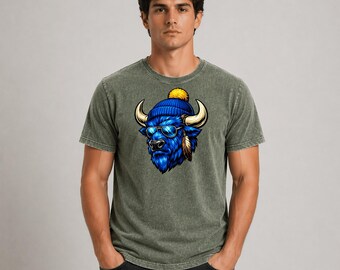 Camiseta con estampado de búfalo con gorro y gafas de sol, regalo divertido para amantes de los animales, camiseta gráfica de búfalo a la moda.