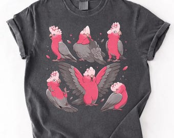 Camiseta con estampado de cacatúa Galah rosa y divertidos garabatos de pájaros, regalo ideal para amantes de los loros, camiseta gráfica de arte de pájaros Kawaii.