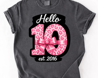 Hola 10 Pink Bow Est 2016 Coquette Camiseta de cumpleaños número 10 para niña, Regalo de cumpleaños número 10 de Coquette, Camiseta gráfica de cumpleaños número 10 con lazo rosa para niña