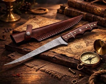 13 ''Custom Handmade Filetmesser Damast-Stahl mit Lederscheide, Überlebensmesser, Geschenk für Ihn