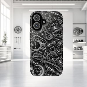 Capa para celular com design de peças de motor e pistão turbo, capa resistente para amantes de automóveis.