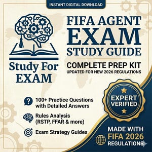 Może przedstawiać: Grafika do pobrania cyfrowego dla Przewodnika po egzaminie na agenta FIFA. Projekt zawiera ikonę mózgu, otwartą książkę i tekst, w tym "Study For EXAM", "Complete Prep Kit" i "Expert Verified". Zawiera pytania praktyczne i analizę zasad.