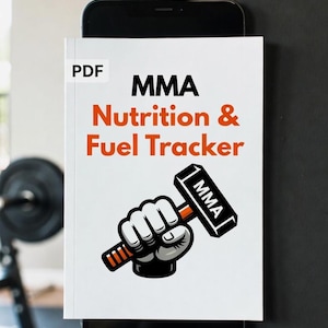 May include: A white PDF document on a black smartphone. The document features the title "MMA Nutrition & Fuel Tracker" in black and orange text. An illustration of a hand holding a hammer with "MMA" on it is also present.