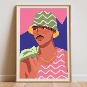May include: A framed art print featuring a stylized illustration of a person wearing a green bucket hat with a yellow brim and a pink and green patterned tank top. The background is pink and blue. A gold necklace is visible.