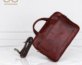 Handcrafted Full Grain Brown Leather Briefcase - Italian Laptop   Bag / Professional Slim Messenger Bag