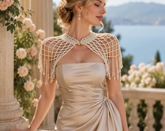 Pearl Bridal Capelet, Elegant Wedding Shoulder Wrap, Handmade Beaded Shawl, Luxury Pearl Fringe Bolero, Romantic Bride Accessory