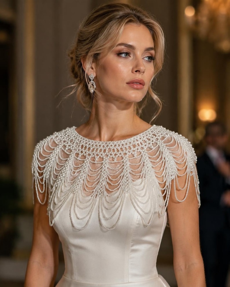 May include: A white satin dress featuring an intricate, multi-layered pearl beaded capelet overlay. The capelet consists of numerous draped strands of small white pearls that extend over the shoulders and across the chest in a scalloped pattern.