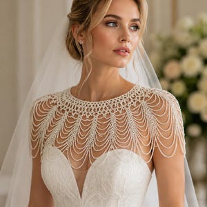 Handmade Pearl Beaded Cape Collar Statement Bridal Accessory Wedding Evening Luxury Shoulder Jewelry Couture Style image 4