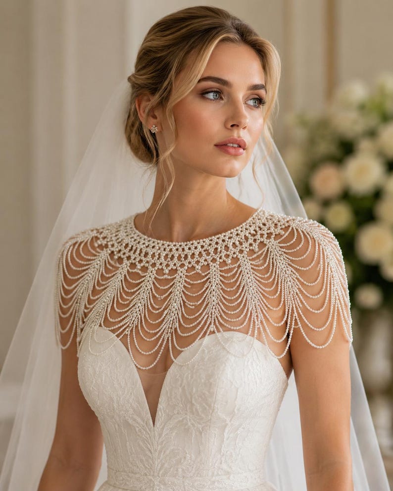 Handmade Pearl Beaded Cape Collar Statement Bridal Accessory Wedding Evening Luxury Shoulder Jewelry Couture Style image 4