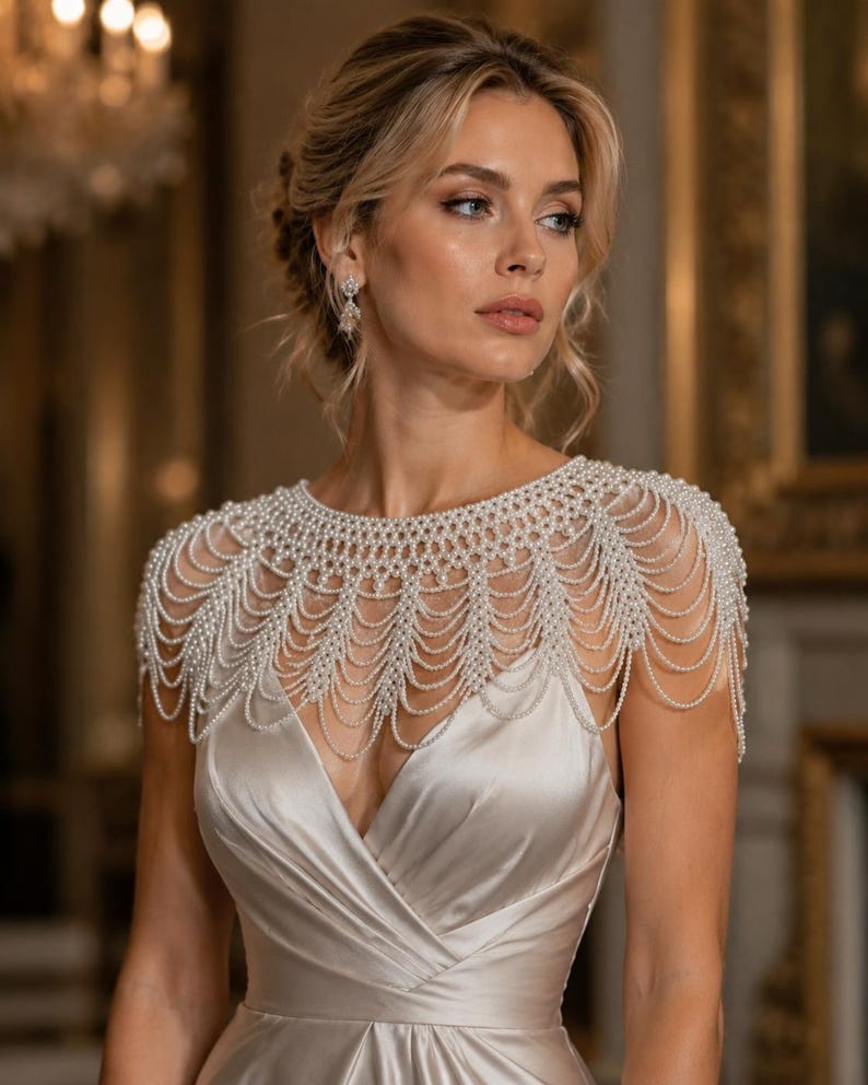 Handmade Pearl Beaded Cape Collar Statement Bridal Accessory Wedding Evening Luxury Shoulder Jewelry Couture Style image 3