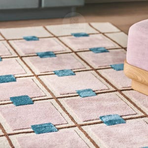 Greer Hand Tufted Wool Blend Rug, Modern Geometric Grid Hand-Tufted Wool Rug, Abstract Pink and Teal Square Pattern Area Rug, Colorful Rug