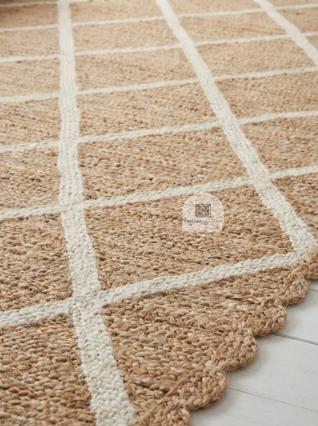 Jute Style Area Rug, Beige Neutral Grid Pattern Rug, Farmhouse ...